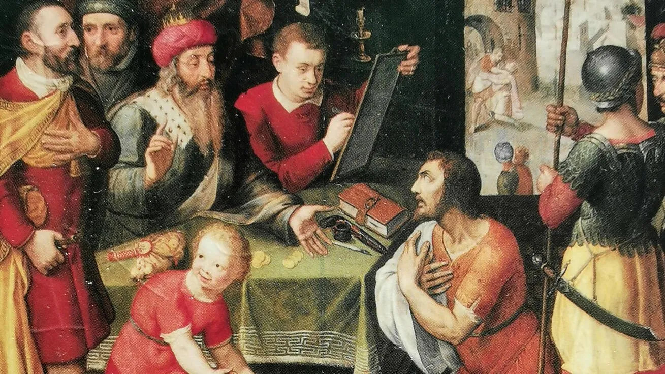 Pieter Pourbus: Podobenství o nemilosrdném služebníku (kol. 1570, soukromá sbírka, Arlington, Virginia, USA).